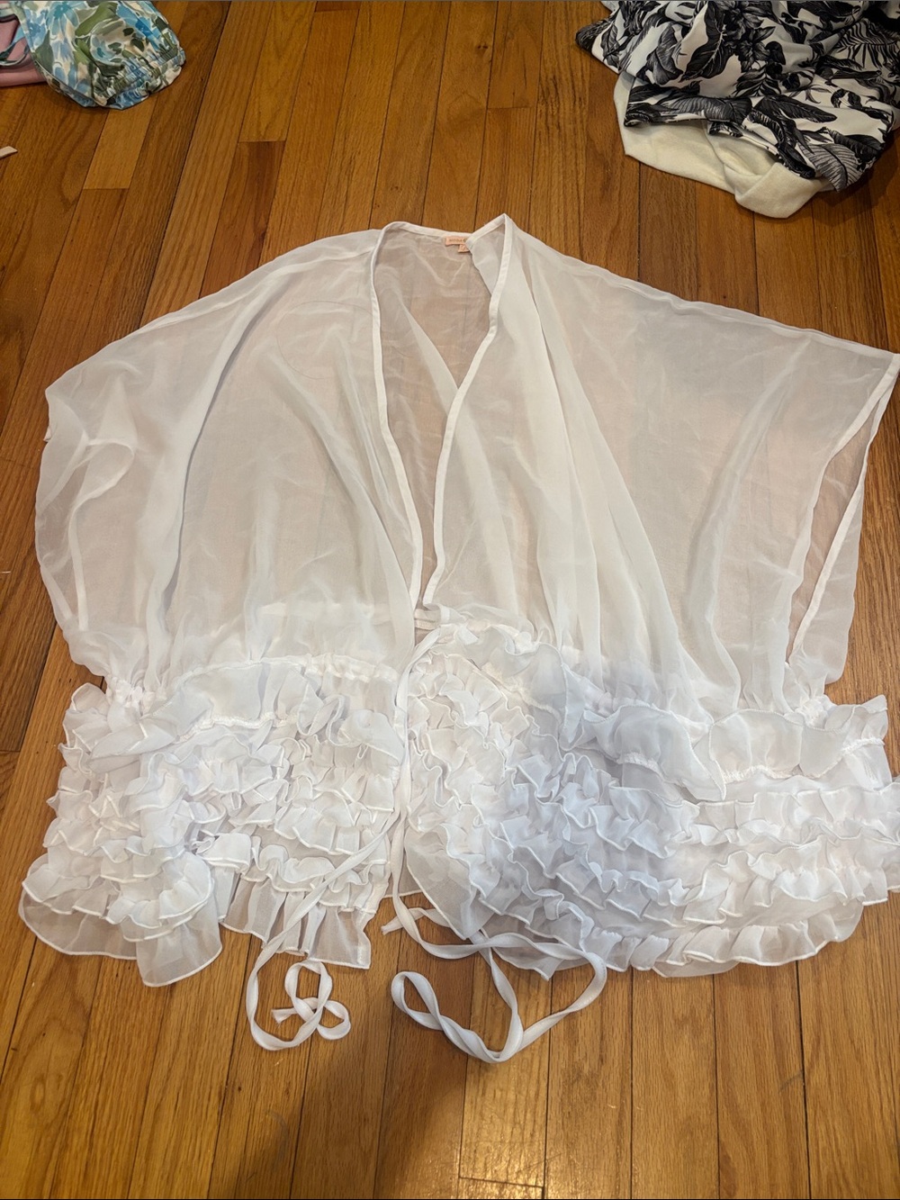 Bridal White Sheer Ruffle Tie-Front Kimono Cover-Up